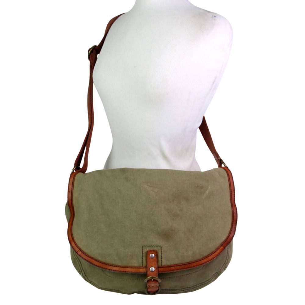 Lucky Brand KHAKI BEIGE COTTON BROWN LEATHER FLAP HOBO SHOULDER BAG X-BODY PURSE